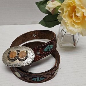 Vintage Chambers Western USA Coin 1907 Indian Head Leather Belt Buckle Aztec